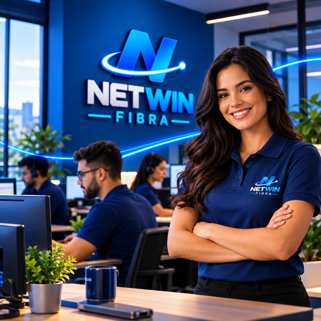 Equipe da Netwin Fibra no escritório, com atendente sorrindo em primeiro plano